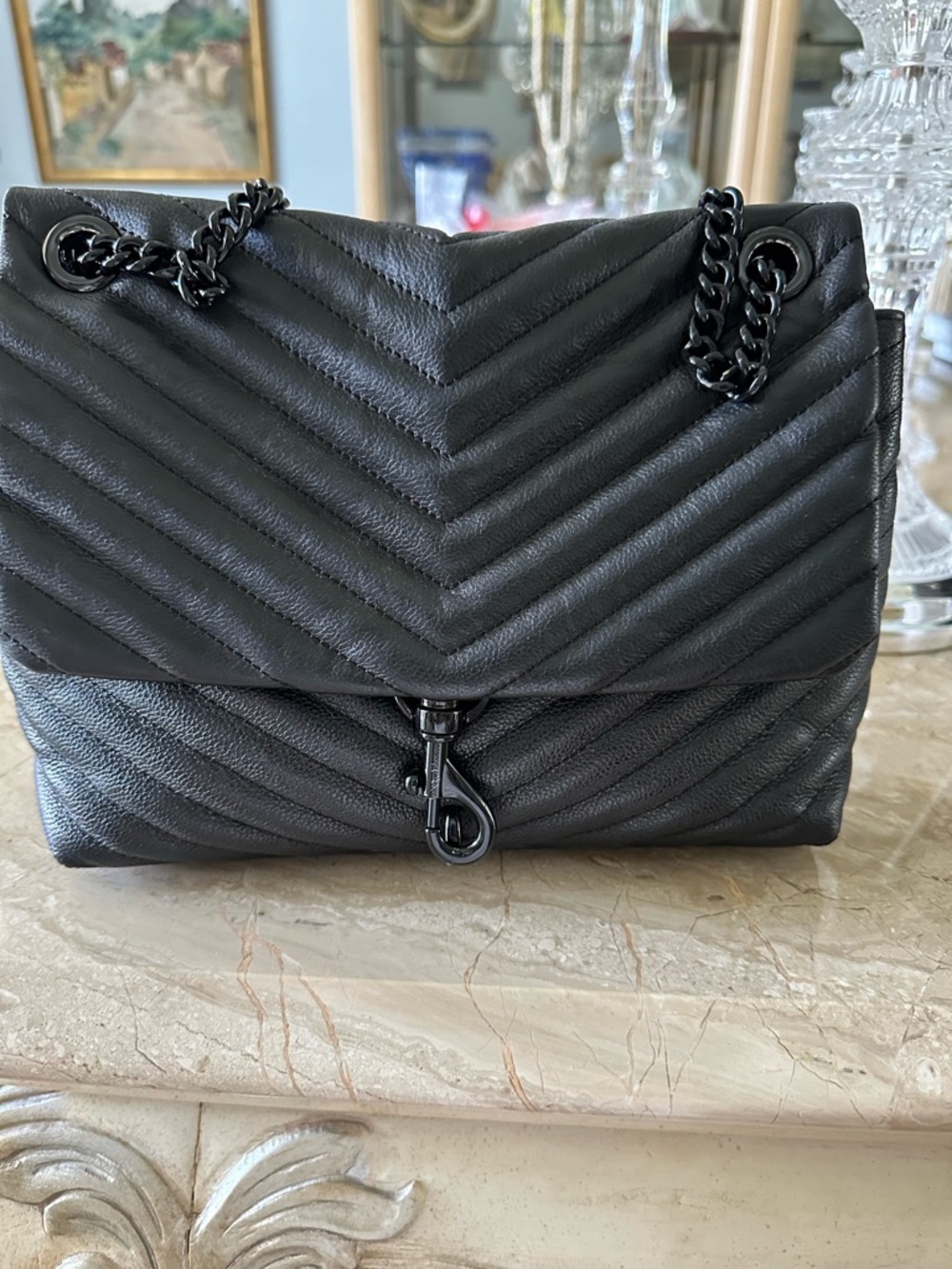 Rebecca Minkoff Black Chevron Quilted Leather Shoulder Bag with Gunmetal Chain